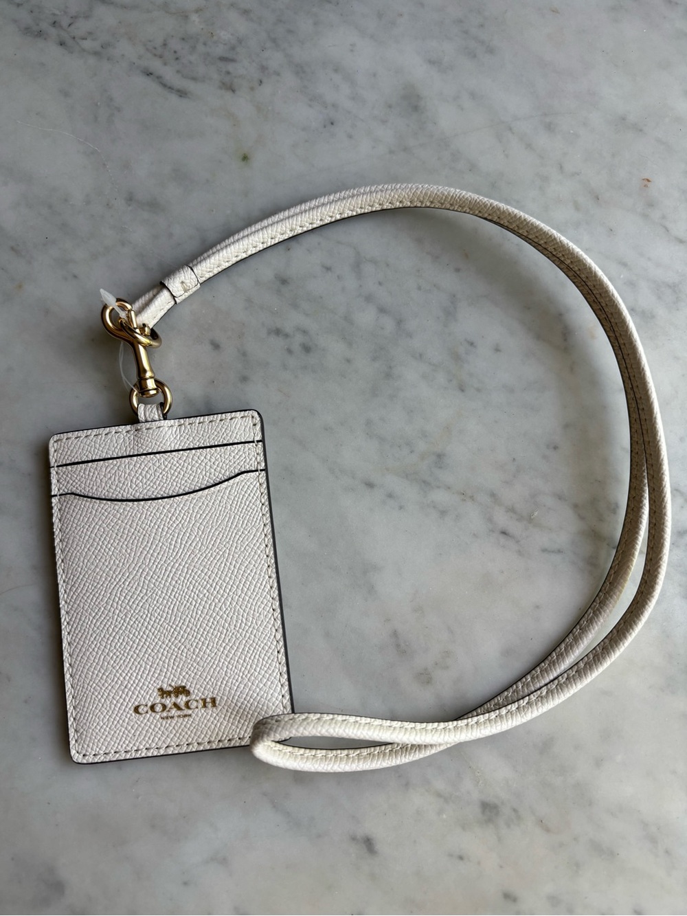 NWOT Coach Off White Pebbled Leather Lanyard Card Case with Gold Hardware